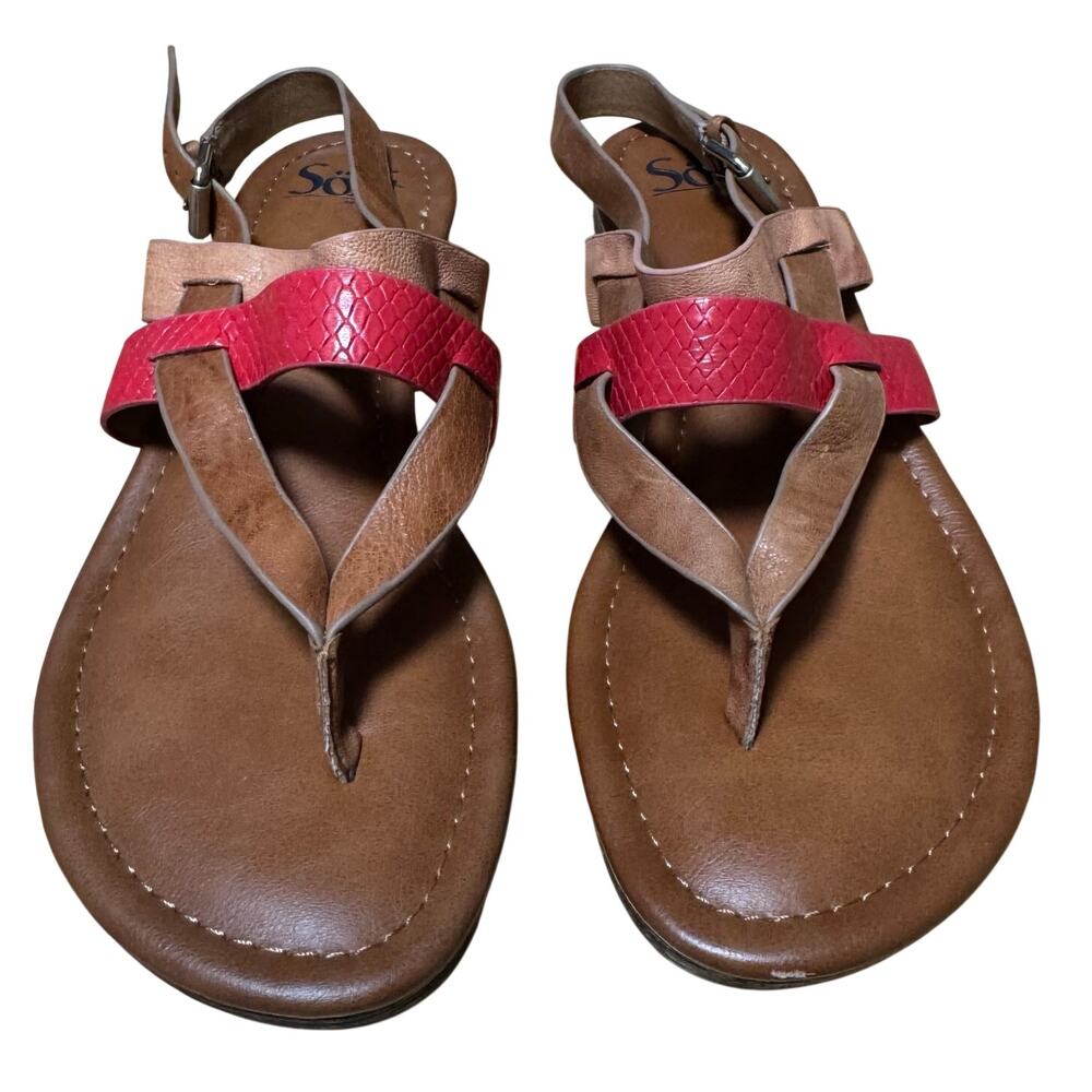 Sofft Bena Red Tan Size 8.5 Leather Thong Slingback Strappy Flat Comfort Sandals